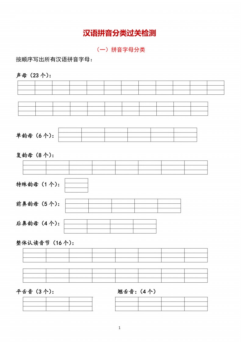 一（上）语文 汉语拼音【分类过关】检测(1)_01